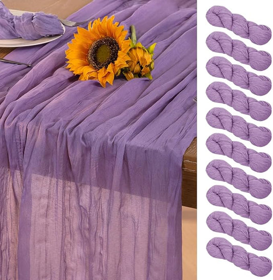 DeZerlor Lavender Purple Cheesecloth Table Runner 10 Pack Spring Easter Table Runners Boho Gauze 120 Inches Cheese Cloth Table Decor for Wedding Bridal Baby Shower Parties