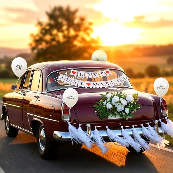 10 Pcs Upgraded Just Married Car Decoration Kit – Elegant Flower Garland Wedding Car Decor with Banners, Tassel & Sticker, Mr & Mrs Balloons, Romantic Accessories for Ceremony, Party & Bridal Shower
