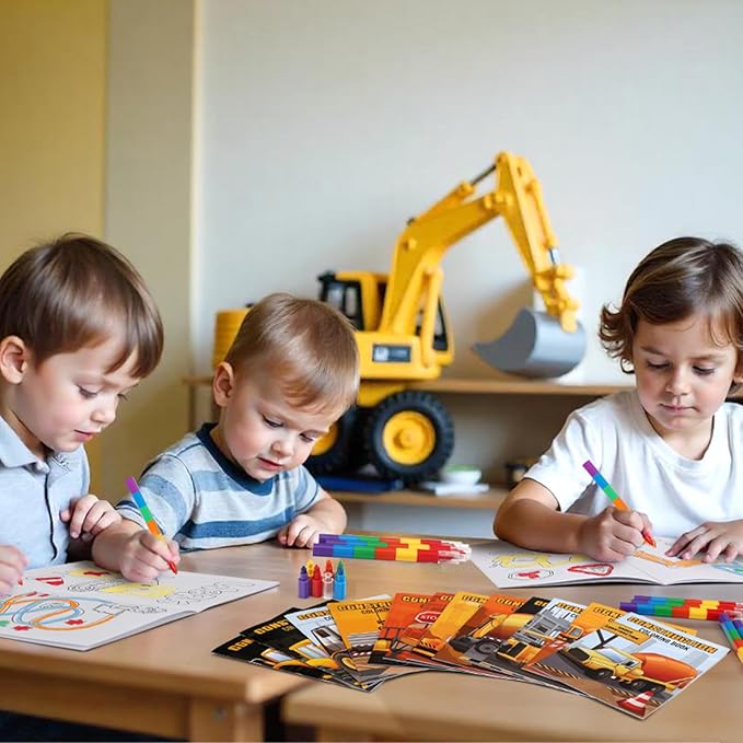 BenLouis 24 Construction Mini Coloring Books Kids with 24 Stacking Crayons Excavator Theme Party Favors Activity Books Bulk for Kids Construction Birthday Goodie Bag Gift Stuffer Classroom Reward