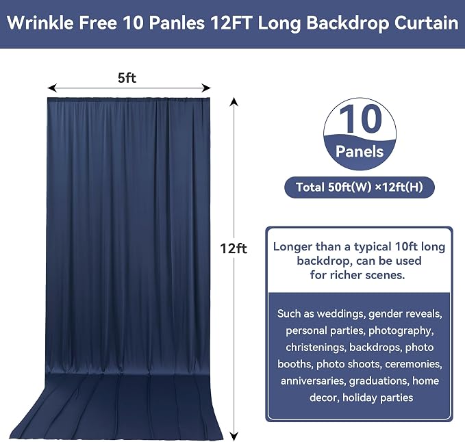 50ftx12ft Navy Blue Backdrop Curtains for Wedding-Wrinkle Free Backdrops Curtain Drapes Fabric Decorations Photo Back Drop Cloth for Baby Shower Photography 10Panels 12ft(H) x 5ft(W)