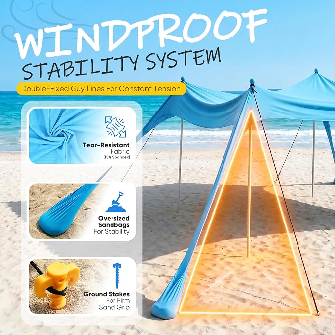 Sekey Aluminum Beach Shade Sun Shelter UPF 50+ - 10x10 FT Portable Beach Canopy with Windproof Rope & Stability Poles, Easy Setup Outdoor Tent for Camping, Backyard, Fishing, Picnics