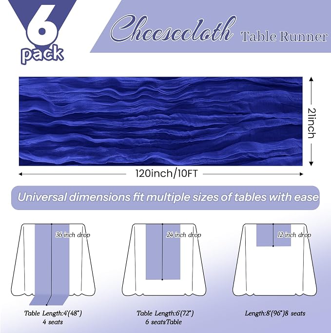 6 Pack Royal Blue Cheesecloth Table Runner 21x120 Inches, Boho Gauze Rustic Semi Sheer Cheese Cloth Table Runners for Easter Wedding Bridal Baby Shower, Birthday Party, Long Farmhouse Table Decor