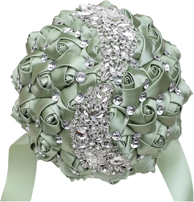 Wedding Bridal Bouquet with Silver Brooch Bling Rhinestone Satin Rose Flower Bouquet for Bride Bridesmaid Quinceanera Wedding Sage Green 8.3in