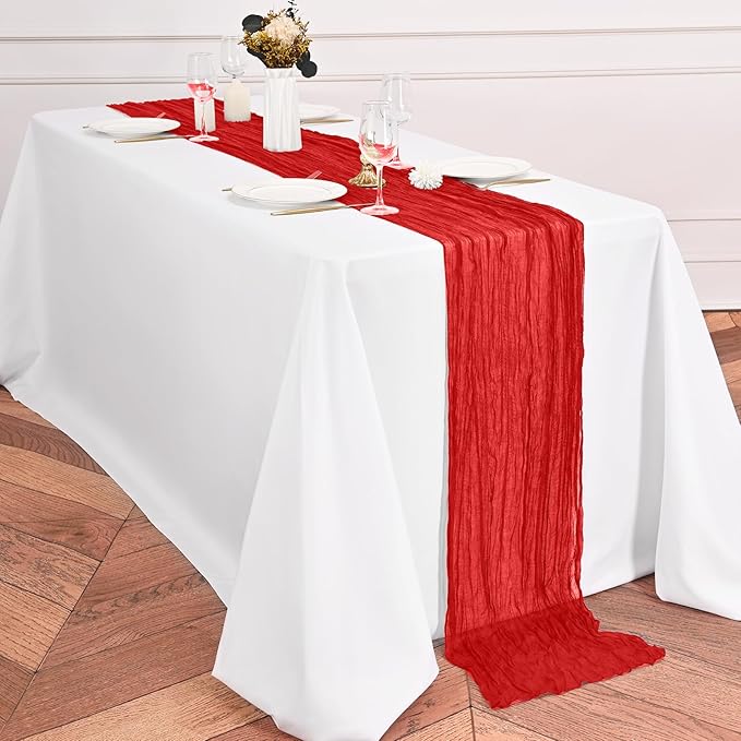 12 Pack Red Table Runner 10Ft Cheesecloth Table Runner Rustic Gauze Table Runners Romantic Long Sheer Fabric Cheese Cloth Table Runners for Wedding Party Bridal Baby Shower