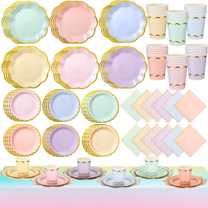 Yungyan 97 Pcs 24 Guests Pastel Gradient Rainbow Birthday Party Supplies Disposable Tableware Set 9 oz Paper Cups with Handle 7" 9" Paper Plate Napkin Tablecloth for Party Wedding Baby Shower