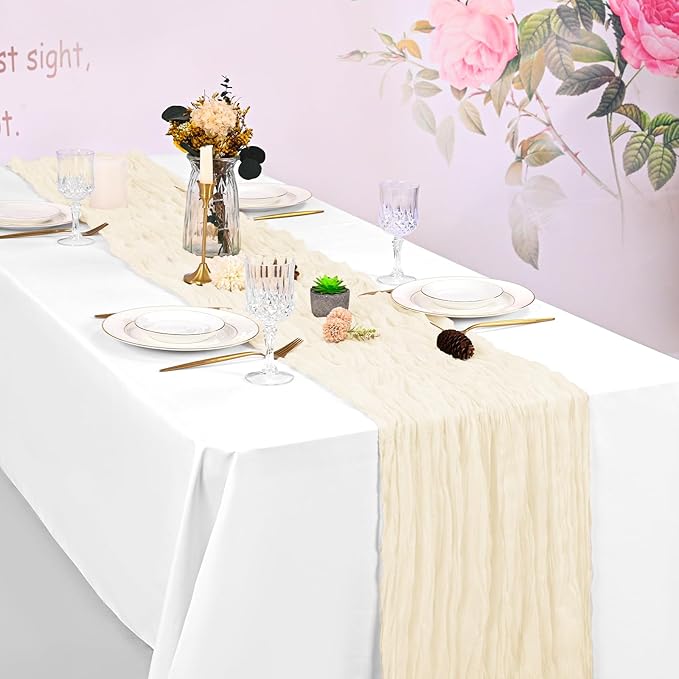 8 Pack Ivory Cheesecloth Table Runner 120 Inch 10FT Boho Rustic Cream Sheer Gauze Cheese Cloth Table Runner for Wedding Baby Shower Birthday Party Table Decor