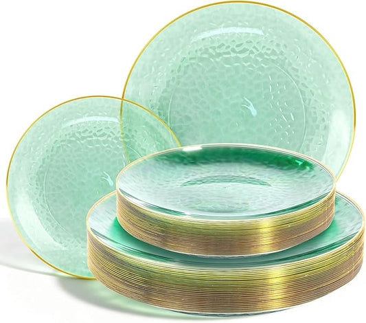 Lullaby 60pcs Green Plastic Plates with Gold Rim, Includes 30pcs Dinner Plate 10'' and 30pcs Clear Dessert Plate 7.5'', Green Disposable Plastic Plates for Parties, Birthdays and Wedding