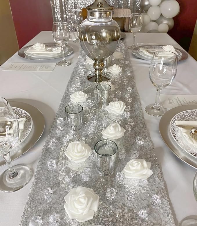 ShinyBeauty Sequin Table Runners Silver 15 Packs 12x108 Table Runner for Party Glitter Table Runner 108 Inches Long Table Linens for Weddings Sparkly Table Cover Event Table Decor