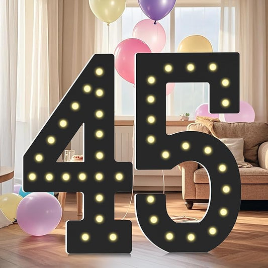 4FT Marquee Light Up Numbers, Black Giant Marquee Number Big Mosaic Number for 45th Birthday Party Decorations Backdrop Anniversary Decor, Pre-Cut Frame