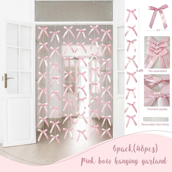 Pink Bow Birthday Decorations, Bow Coquette Birthday Party Supplies, Includes Backdrop, Hanging Garland, Foil Fringe Curtain, Cake Toppers, Balloon Garland, Tablecloth, Cupcake Toppers, Foil Balloon