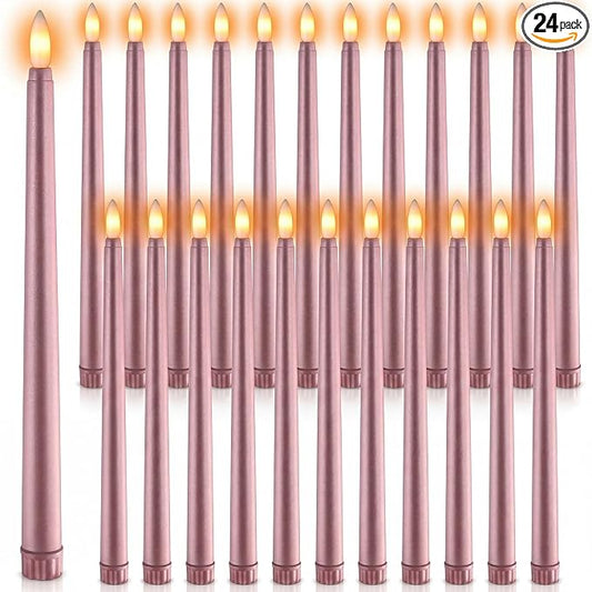 Macarrie 24 Packs Flameless Taper Candles Battery Operated Fake 11 Inch Long Candlelight LED Flameless Candlesticks Flickering Tapered for Summer Fall Wedding(Rose Gold)