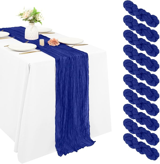 10 Pack Cheesecloth Table Runner 17 x 108 inch Long Boho Gauze Table Runners Semi Sheer Table Runner for Wedding Decor, Baby Shower, Birthday Party, Banquet (Royal Blue)
