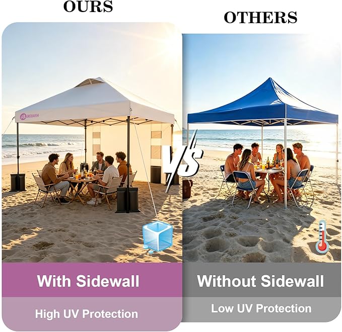 10x10 Pop Up Canopy with Sidewall, One-Person Setup - UV & Water Resistant Canopy Tent w/Wheeled Carry Bag for Beach, Patio, Camping & Events - White