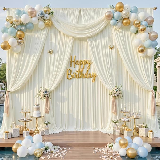 20x16ft Ivory Backdrop Curtains for Wedding Party, 4 Panels 16 ft Long Back Drop Cloth, Wrinkle-Free Polyester Drapes for Birthday, Baby Shower, Stage Photography Background