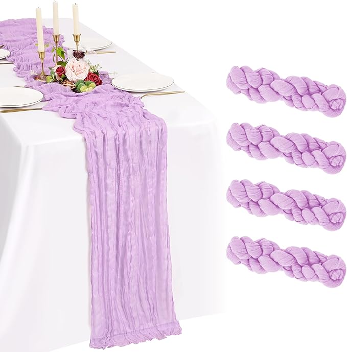 4 Pack Cheesecloth Table Runner 10FT Lilac Purple Table Runner Lavender Boho Gauze Cheese Cloth Table Runners Long Rustic Sheer Table Decorations for Wedding Party Baby Bridal Shower Birthday Holiday