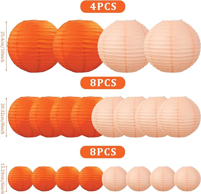 20Pcs Orange and Peach Paper Lanterns 6" 8" 10" Inches Round Hanging Paper Lanterns Decorations for Wedding Graduation Birthday Party Bridal Shower