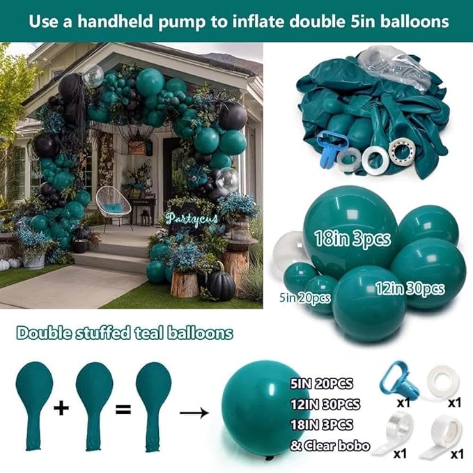 Teal Balloon Garland Arch Kit Double Stuffed, Dark Turquoise Teal-Green Aqua Balloon Different Sizes 18/12/5 Inch for Baby Shower Birthday Wedding Winter New Year Party Decoration
