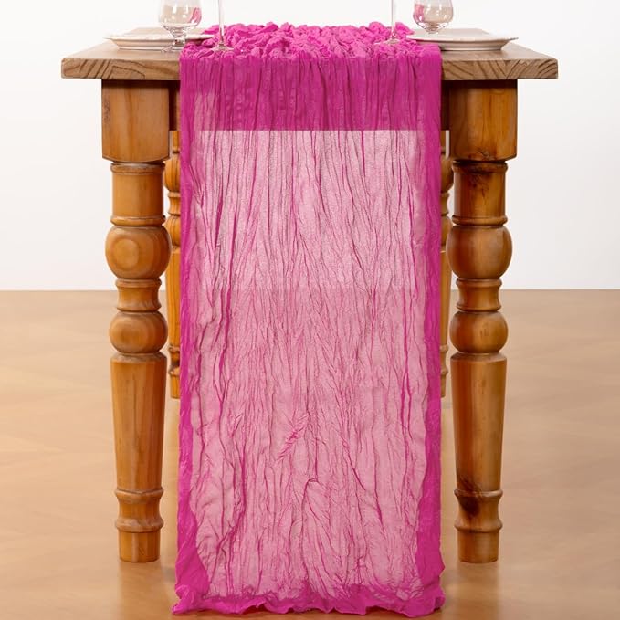 DeZerlor Hot Pink Cheesecloth Table Runner Spring Easter Table Runner Boho Gauze 120 Inches Fuschia Cheese Cloth Table Decor for Wedding Bridal Baby Shower Parties
