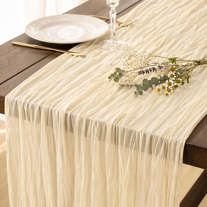 3 Pack Ivory Cream Cheesecloth Table Runner 120 Inch 10FT Cheese Cloth Fabric Runners for Wedding Decoration, Banquet, Boho Decor