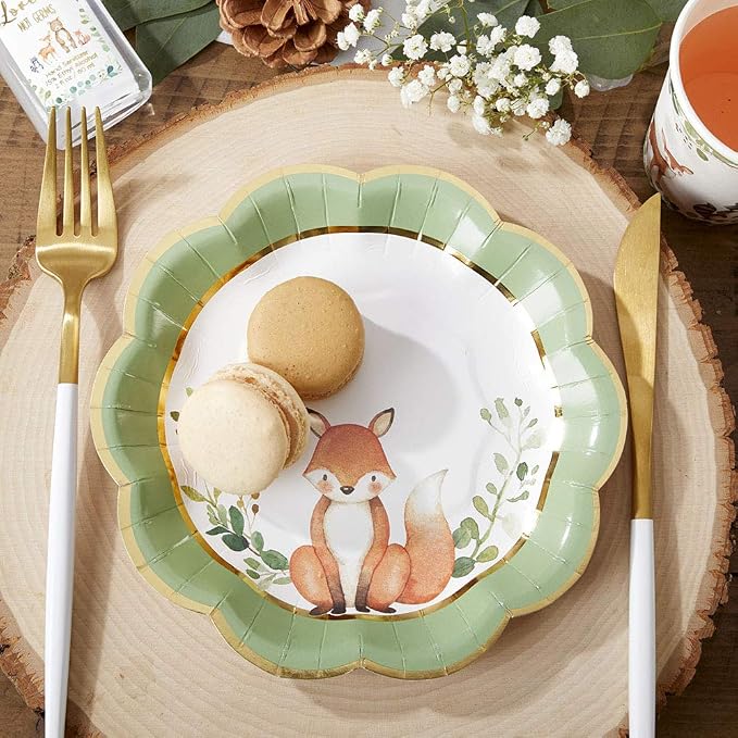 Kate Aspen Woodland Baby Shower Decorations, 62-Piece Disposable Paper Plates & Napkins Party Supplies for 16 Guests - Woodlands Animals Theme for Baby Boy Shower Table Decorations, Gender Reveal