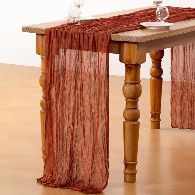DeZerlor Terracotta Cheesecloth Table Runner Burnt Orange 4 Pack Spring Easter Table Runners 120 Inches Rust Cheese Cloth Table Decor for Wedding Bridal Baby Shower Parties