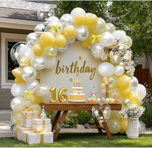 Yellow Balloon Arch Kit, Double Stuffed Pearl White Pastel Light Yellow Balloons with Bow Clear Balloon Arch Kit for Birthday Wedding Bridal Bee Baby Shower Sunflower Lemon Party Decor