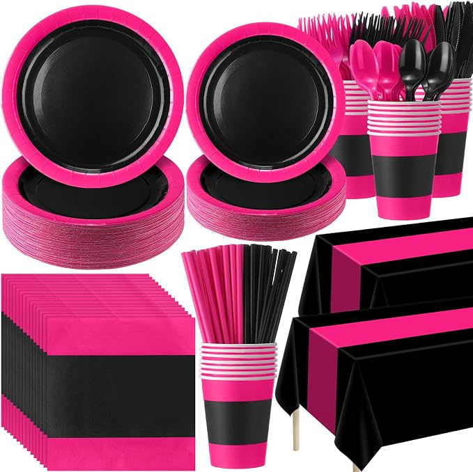 Funnymoom 452 Pcs Hot Pink and Black Party Supplies Serves 50 Guest, Pink and Black Paper Plates Cups Napkins Tablecloth Cutlery Straw Tableware Set for Birthday Wedding Bachelorette Party Decoration