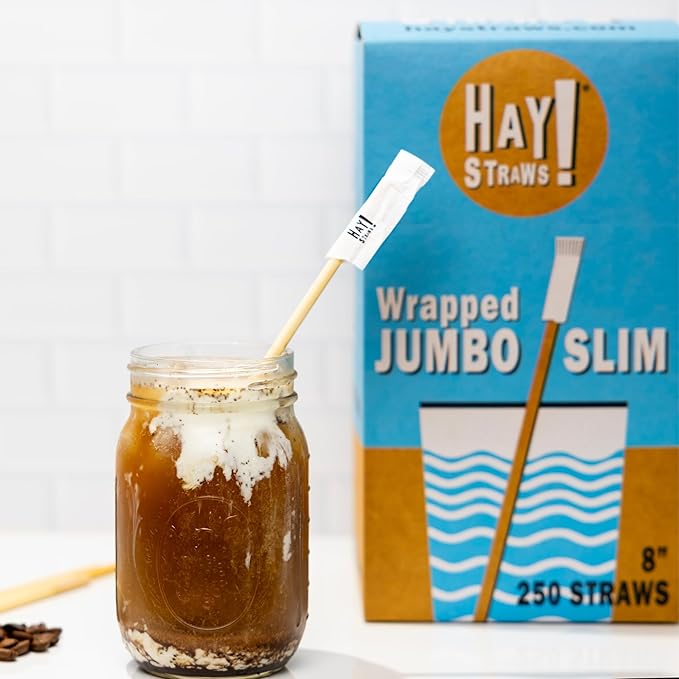 Hay Straws 8 inch Individually Wrapped Compostable Drinking Straw Eco Friendly, 250 Count Biodegradable Disposable Straw for Juices, Smoothies, Plant-Stem Straws, No Paper, Plastic-Free (5–6.5mm)