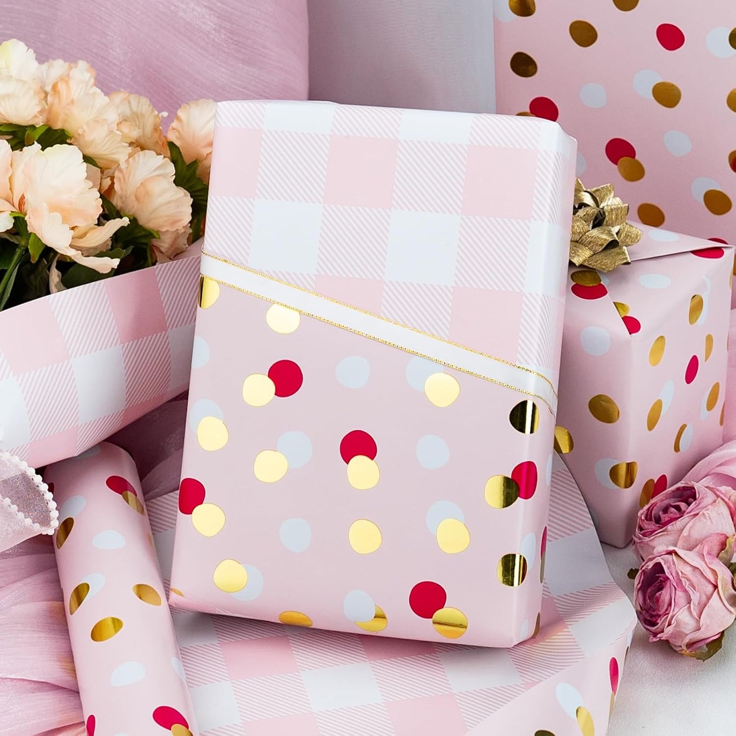 Burymento Red Gold Dots Wrapping Paper, Reversible Pink Lattice Design Gift Wrap for Baby Shower, Birthday, Valentines, Mothers day, Graduation, Wedding, Fathers day, Christmas (17 Inch X 32.8 Feet)