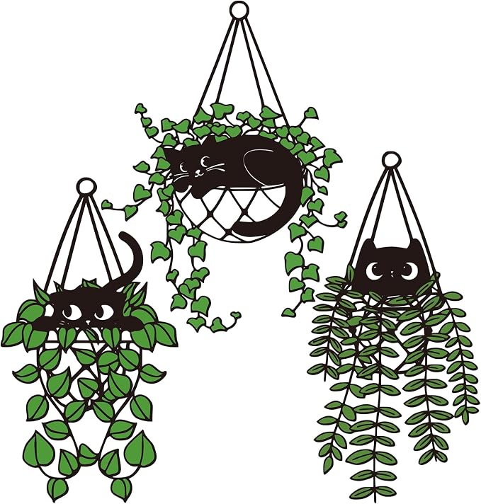 Fiwochic 3 Pcs Black Cat Metal Wall Decor Cute Black and Green Cat Botanical Wall Art Leaves Art Hanging Plant Decoration for Cats Lover Minimalist Room Living Room Patio Decor Gift