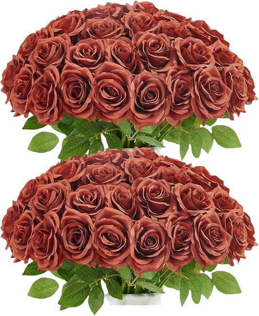 50pcs Burnt Orange Roses Artificial Flowers Bulk,Fake Roses Silk Flower with Stems Realistic Flowers for Wedding Centerpiece Home Party Decor