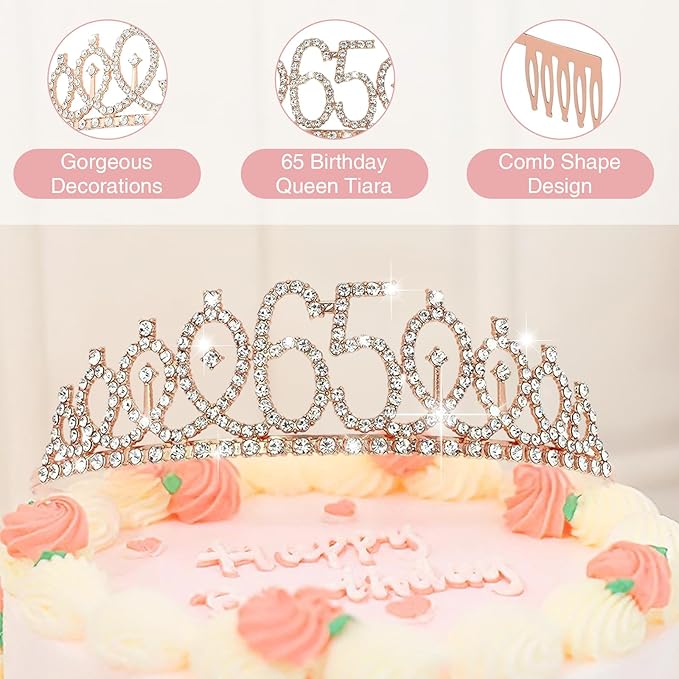 65TH Birthday Gifts for Women,Vintage Engraved 65th Wine Glass,65 Year Old Birthday Decorations For Her,65&Fabulous Sash and Tiara For Women,Friends,Sister-Turning 65th Party Favor Supplies