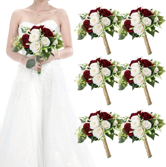 Set of 6 Bridesmaid Bouquets for Wedding - 7 Inch Artificial Bridesmaid Flower Bouquet for Party Ceremony Anniversary Dinning Table Centerpieces Decor - Burgundy & White
