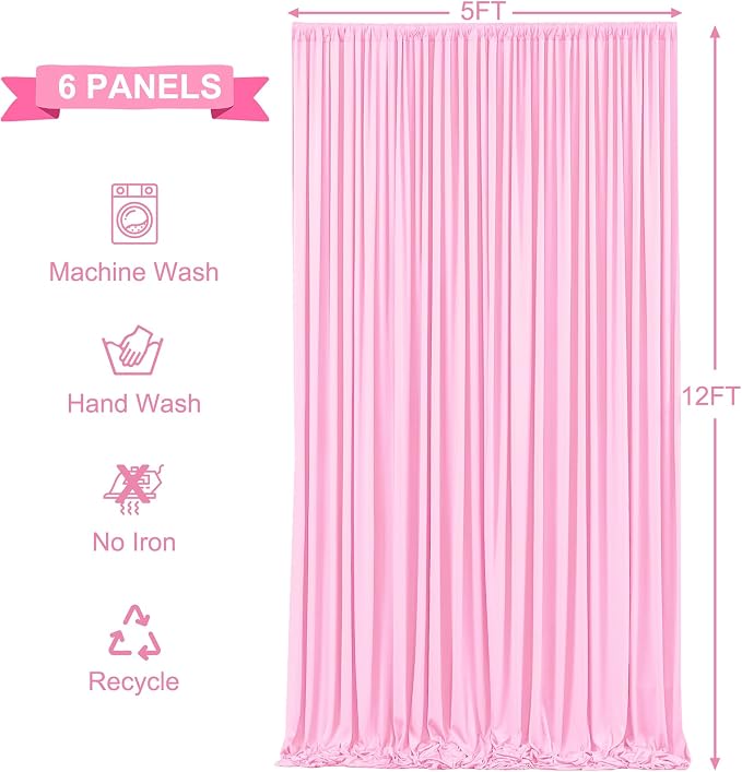 6 Panels Pink Backdrop Curtains for Wedding Party Wrinkle Free Backdrops Curtain Drapes Fabric Decorations Photo Back Drop Cloth for Baby Shower Photography Stage Reception 30ft(W) x 12ft(H)