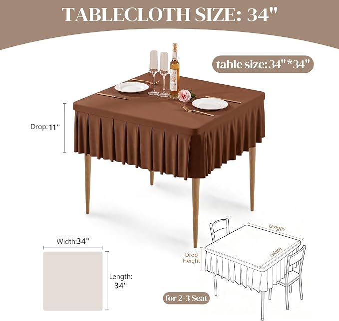 Wish Care 2 Pack Brown Spandex Tablecloths for 34x34 Inch Square Tables, Stretch Fitted Table Clothes with Pleated Ruffle Skirt for 34” Table, Wrinkle Free and Elastic, for Party Kitchen Home Dining