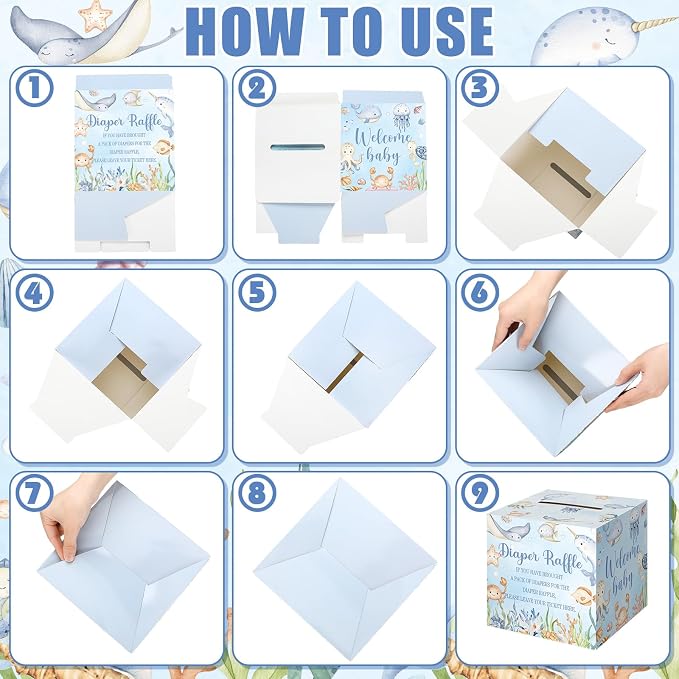 Teling 51 Pieces Diaper Raffle Tickets with Card Box Baby Shower Decorations Baby Shower Holder Box for Girl Boy Diaper Raffle Party(Ocean Animals)