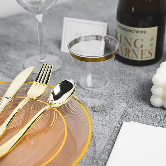 N9R 180PCS Orange Plastic Plates with Gold Trim, Disposable Party Dinnerware Set for 30 Guests, Include 30 Dinner and Salad Plates, Napkins, Forks, Spoons, Knives, Perfect for Wedding, Dinner Party