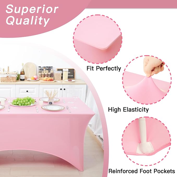 Fixwal 6 Pack 6Ft Pink Table Cover, Spandex Fitted Tablecloths Rectangle, Wrinkle-Free and Stretch Folding Table Cloth for Banquet, Wedding, Party, Trade Show