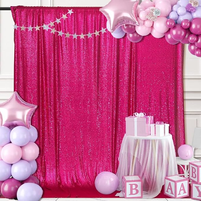 PartyDelight Hot Pink Sequin Backdrop Curtains 6x8ft | 3mm stitched sequin curtain with 4 inch rod pocket for 6x8ft photo booth wall ceremony backdrop party wall and stage display