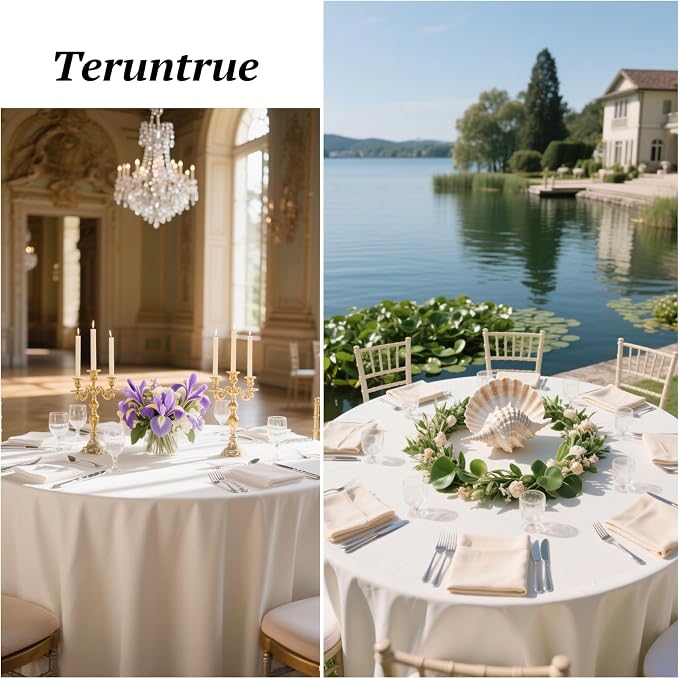Teruntrue 12 Packs Ivory Round Tablecloths 90 inch Round Table Cloth, Washable Polyester Fabric for Wedding Parties Banquet Holiday Dinner Table Decorative, Ivory