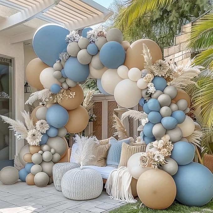 Dusty Blue Brown Balloon Garland Double Stuffed Blue Tan White Sand Grey Latex Neutral Balloon Arch Kit For Teddy Bear Baby Shower Boho Birthday Gender Reveal Party Decoration