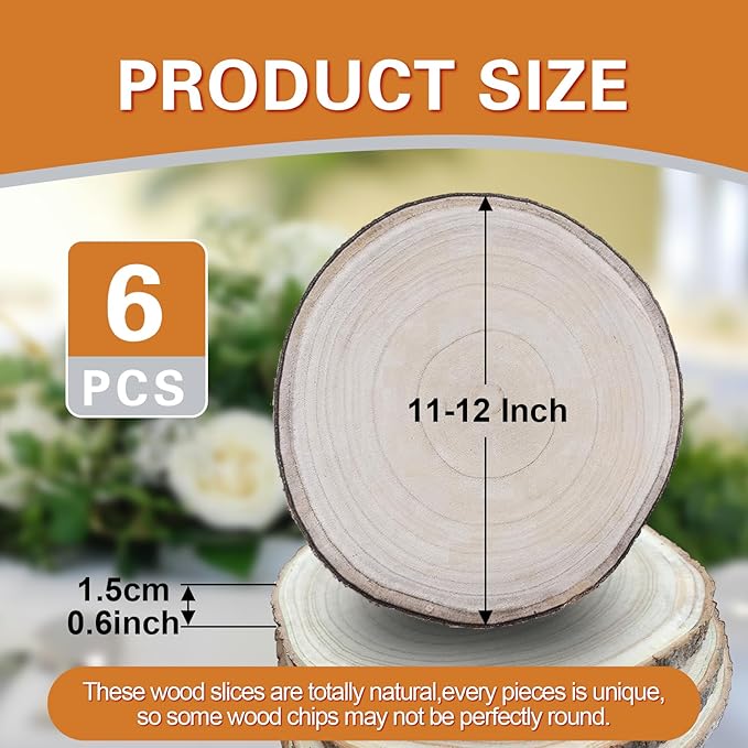 Wood Slices,Wood Slices for Centerpieces Table Decorations,Unfinished Rounds Wood for Crafts,Wood Slice for Rustic Wedding Decoration Projects, Natural Paulownia Wooden Slabs(11-12inch 6pcs)