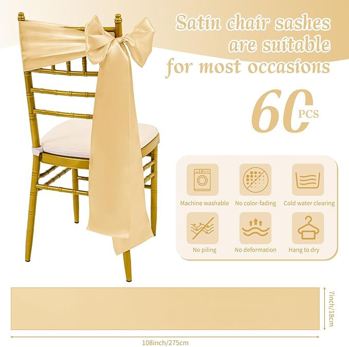 60 PCS Champagne Satin Chair Sashes, Ties Bows Designed Sashes for Washable Reusable Chair Covers Supplies for Wedding Reception Events Banquets Party Hotel Event Aisle Decorations (7 x 108 inch)