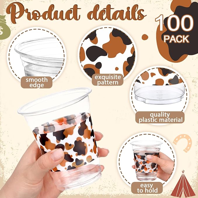 Jingmore 100 Pcs Cow Theme Plastic Cups 12 oz Highland Cow Western Cowboy Disposable Clear Plastic Drinking Cups Bulk for Highland Farm Animal Themed Birthday Baby Shower Party Decorations Supplies
