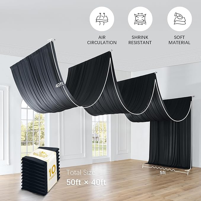 50ftx40ft Black Ceiling Curtain for Wedding Parties – 10 Panels Wrinkle-Free 40 FT Long Tent Draping Curtains for Wedding, Birthday & Theme Parties, 40ft Height with Rod Pocket