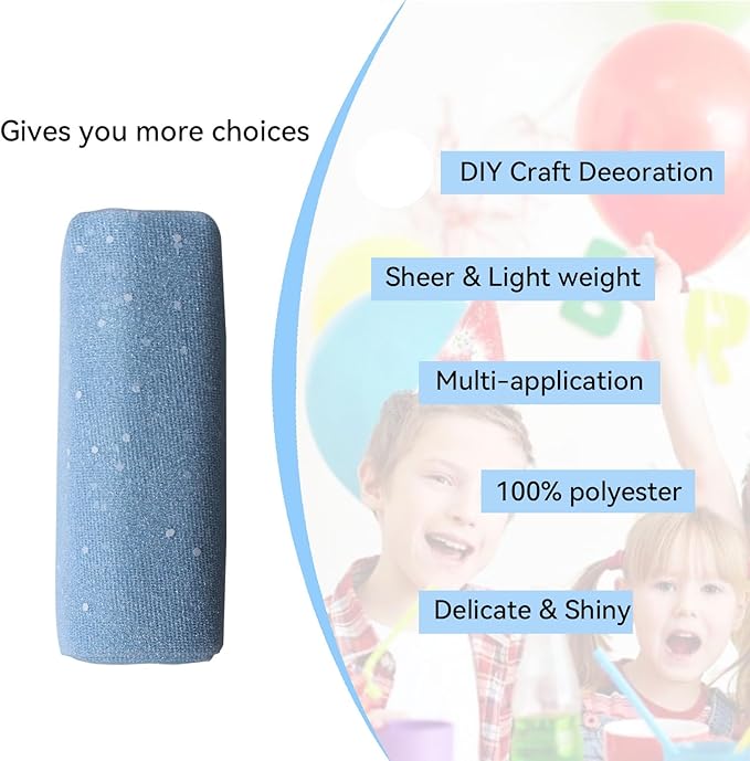 Glitter Tulle Fabric Roll 6 Inch x 9 Yards (By the Yard) 8 Assorted Colors - Durable Tulle Mesh Ribbon for DIY Tutu, Wedding Decorations, Baby Shower & Christmas Craft Supplies