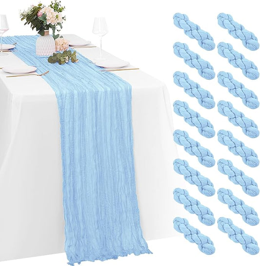 16 Pack Baby Blue Cheesecloth Table Runners 20x120 Inch Gauze Table Runner 10FT Easter Cheese Cloth Table Runner Rustic Sheer Runner for Wedding Baby Shower Birthday Party Table Decor
