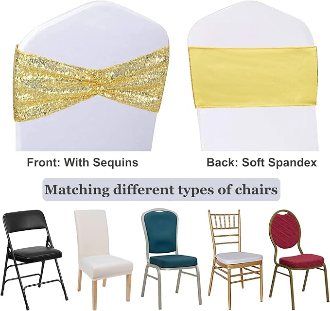 SquarePie Pack of 100 Chair Sashes Bands Gold Stretch Spandex One-Sided Sequin Chair Sashes Bows for Wedding Party Fiesta Decor