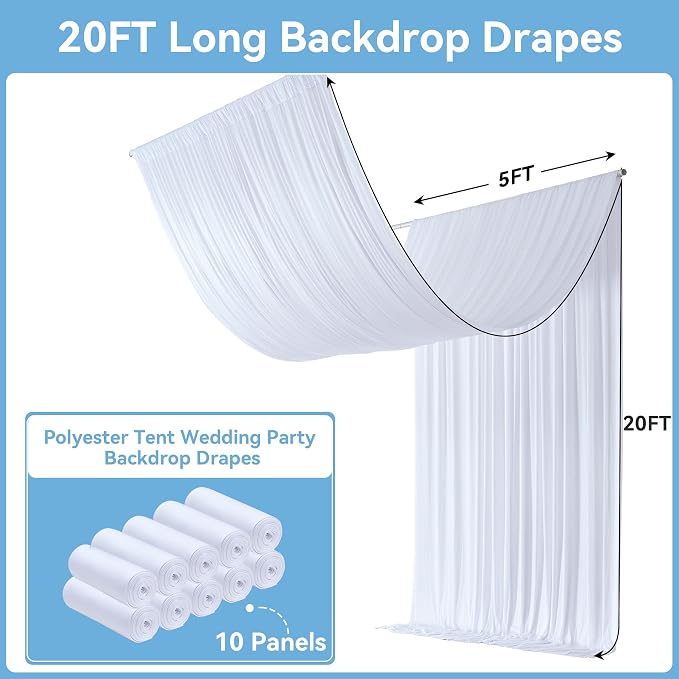 Outpain 50ftx20ft White Backdrop Ceiling Drapes, 10 Panels, 20ft Height, Wrinkle Free, Tent Draping Curtains, Polyester, Wedding, Birthday, Anniversary