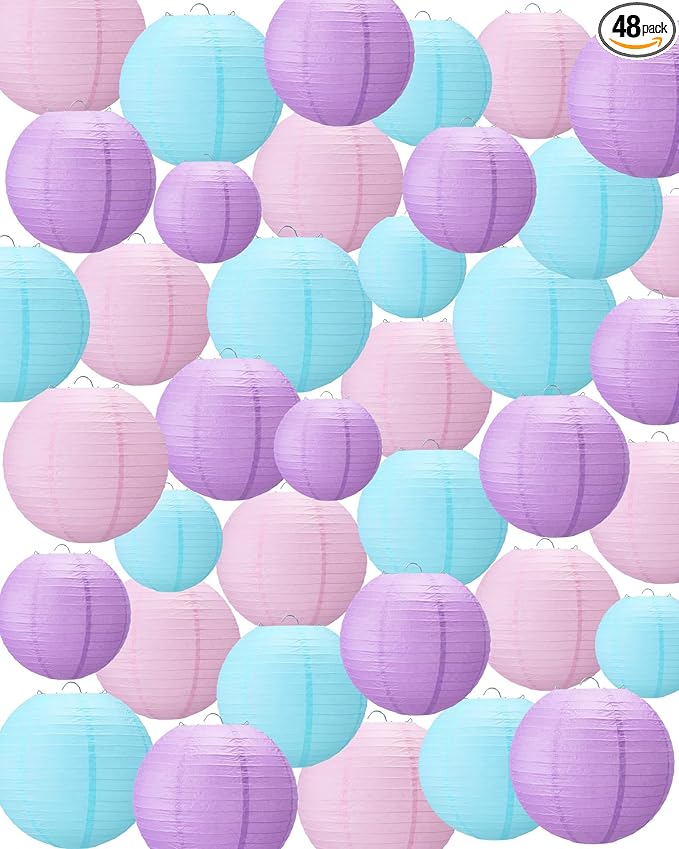 Treela 48 Pcs Paper Lanterns Party Decorations Chinese Round Paper Decor 4/6/8/10 Inch Asian Hanging Lamps Decorative for Graduate Wedding Birthday Party Bridal Parties Supplies(Purple)